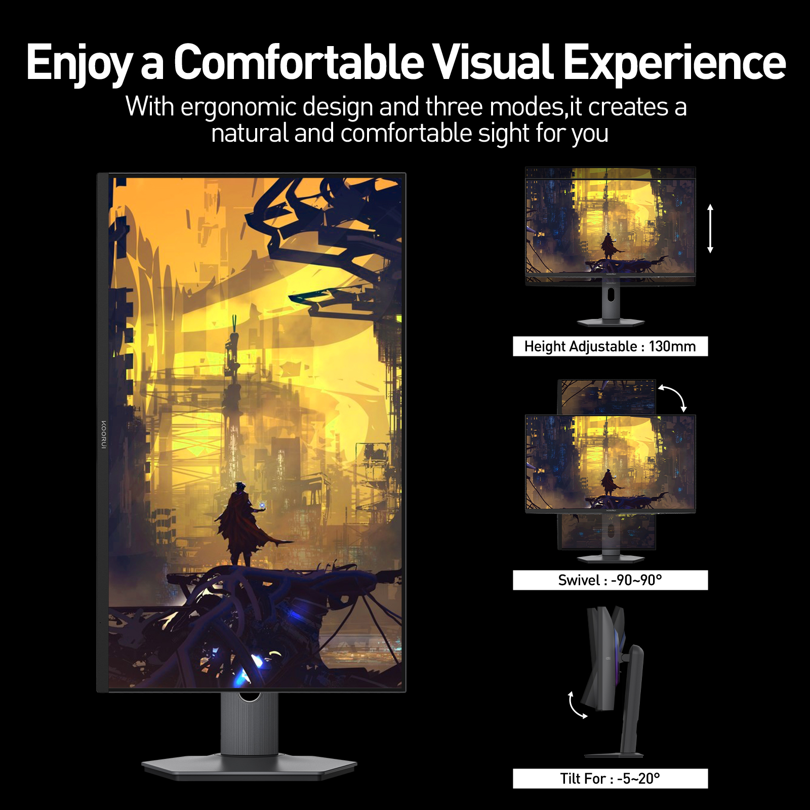 KOORUI 27 inch Gaming Monitor, 4K UHD 3840×2160 160Hz/320Hz 1ms, Mini LED/IPS Computer Monitor for Desktop, 98% DCI-P3&100% sRGB, HDR1400,HDMI 2.1, 100×100 VESA Mountable, Height Adjustable, Black