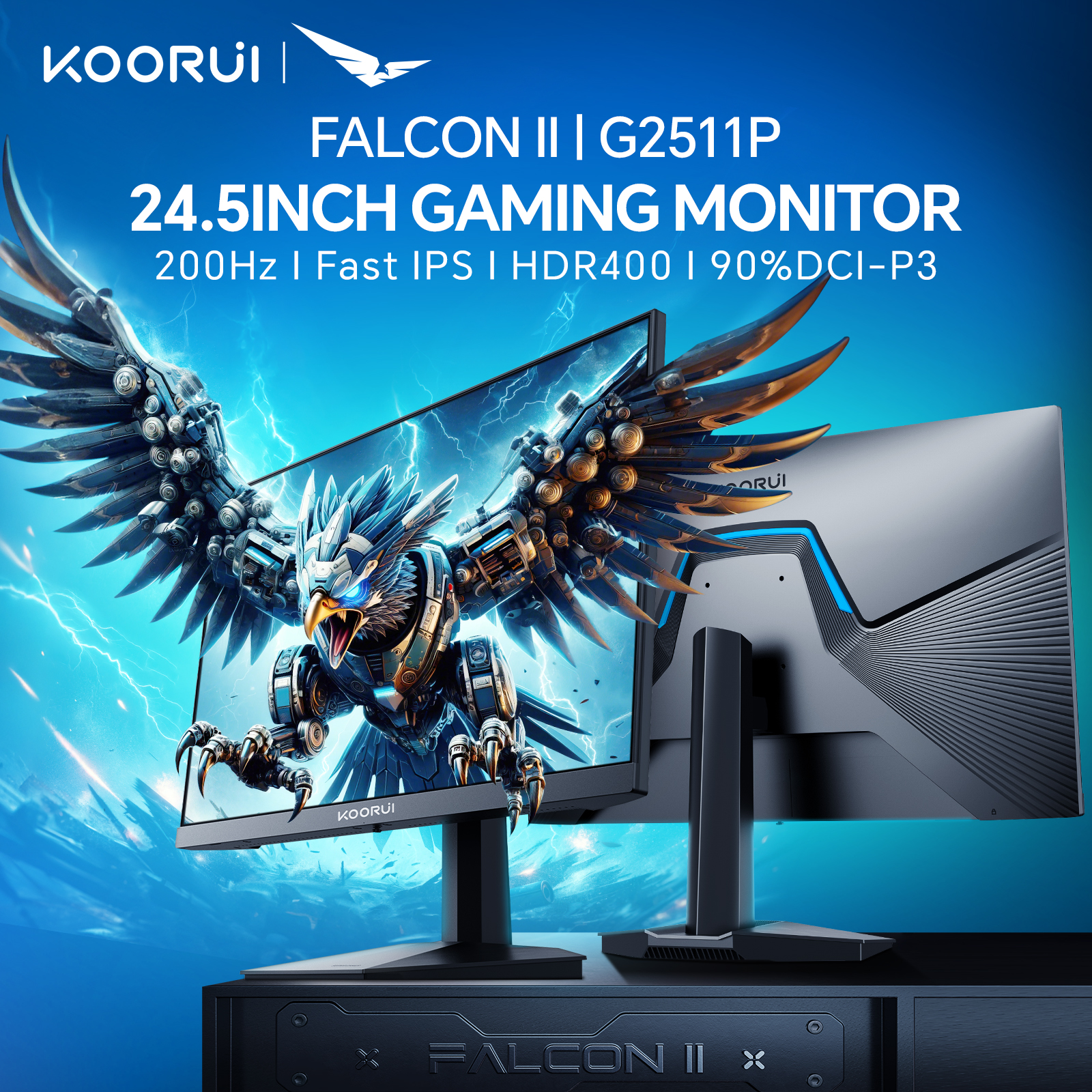 KOORUI Gaming Monitor 24.5 inch, Full HD 1920x1080 200Hz 180Hz 1ms, IPS, HDR 400, 2 x HDMI 2.0, 1x Displayport, Adaptive Sync, 3-Sided Frameless, Wall Mount, Black, G2511P