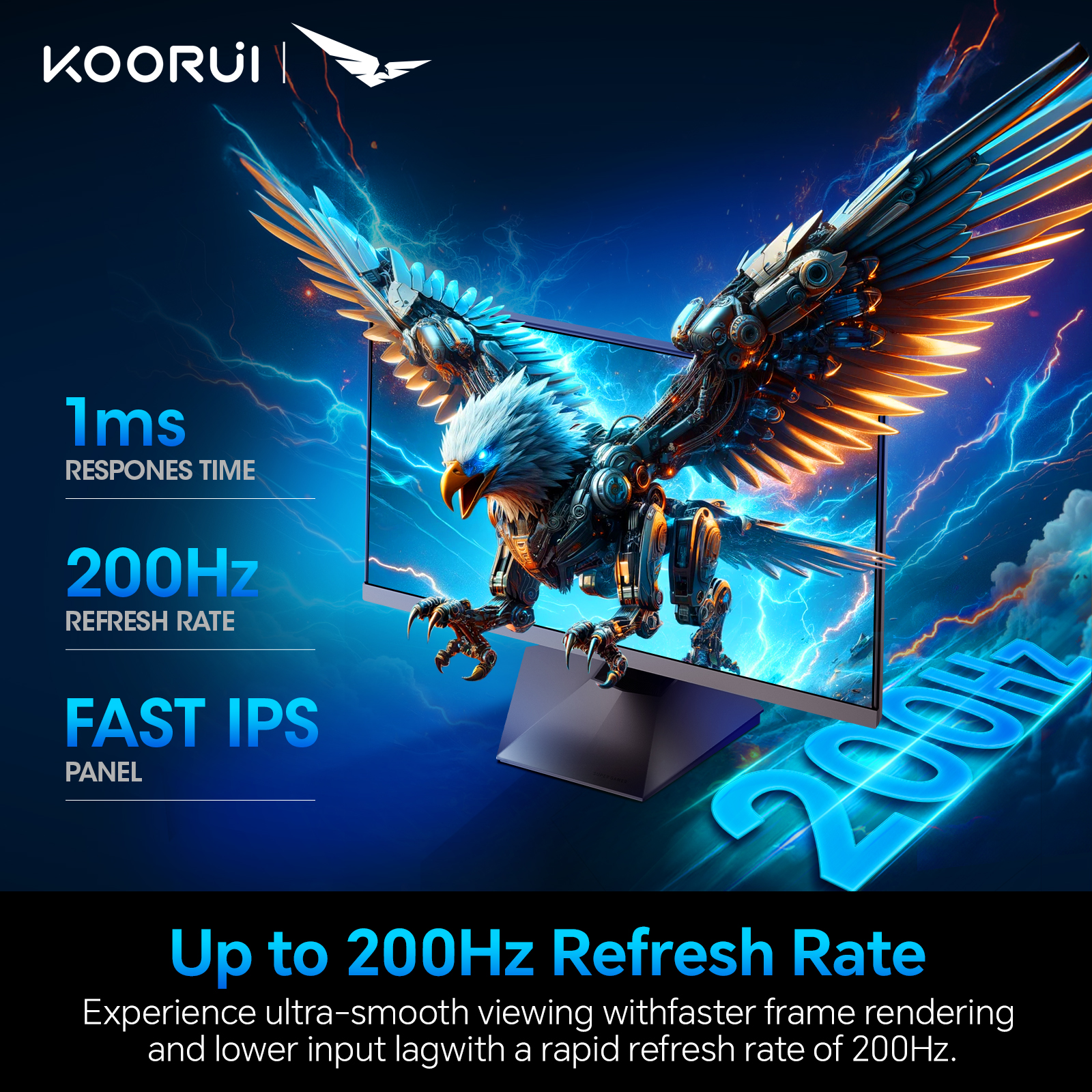 KOORUI Gaming Monitor 24.5 inch, Full HD 1920x1080 200Hz 180Hz 1ms, IPS, HDR 400, 2 x HDMI 2.0, 1x Displayport, Adaptive Sync, 3-Sided Frameless, Wall Mount, Black, G2511P