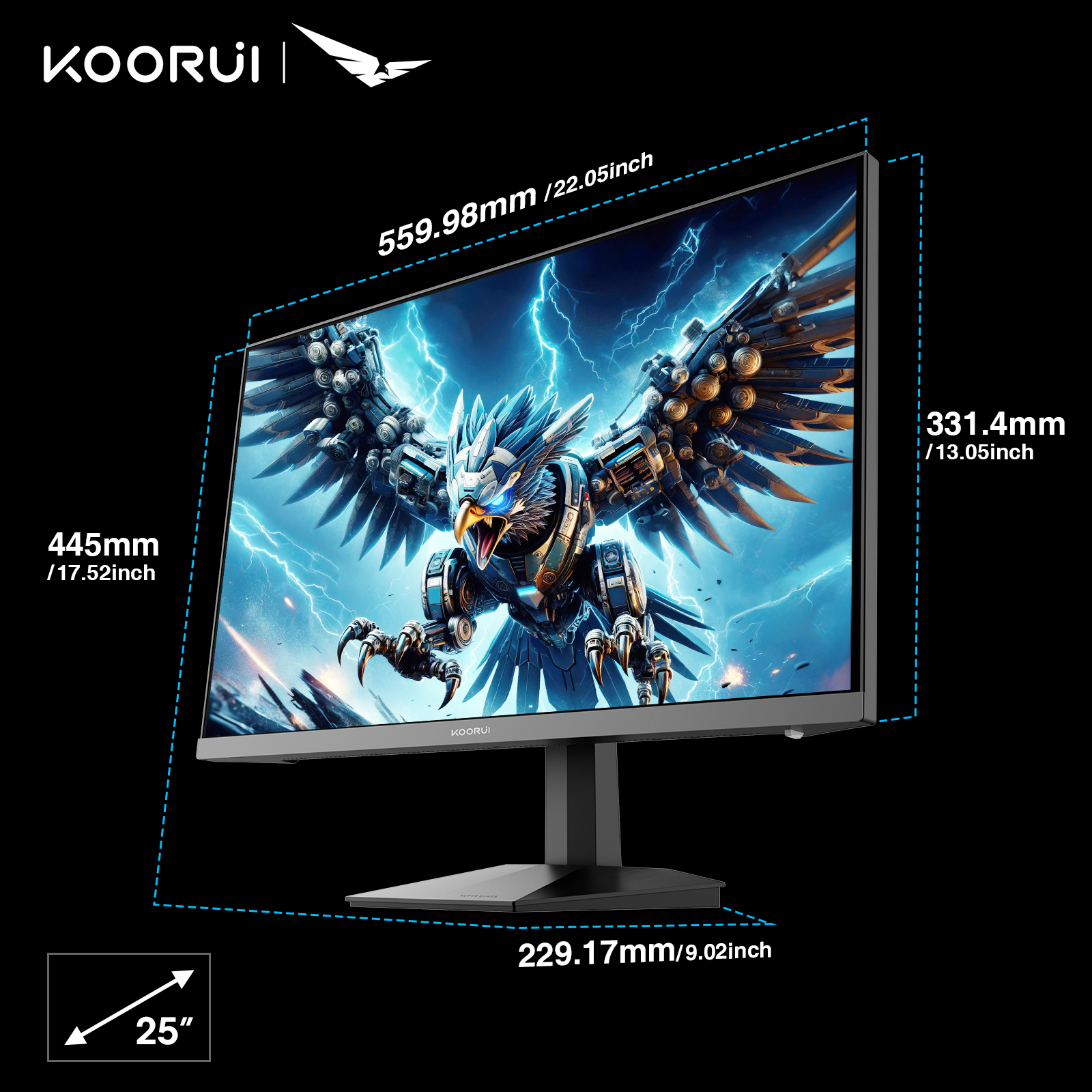 KOORUI Gaming Monitor 24.5 inch, Full HD 1920x1080 200Hz 180Hz 1ms, IPS, HDR 400, 2 x HDMI 2.0, 1x Displayport, Adaptive Sync, 3-Sided Frameless, Wall Mount, Black, G2511P