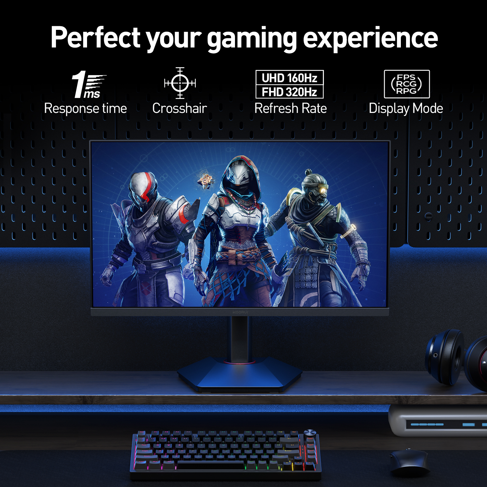KOORUI 27 inch Gaming Monitor,One-Click Dual-Mode 4K UHD 160Hz / FHD 320Hz, 1ms, 95% DCI-P3/100% sRGB, HDR400, Adaptive Sync, HDMI 2.1/DP 1.4(Cable Include), VESA 75×75, Height Adjustable - Black