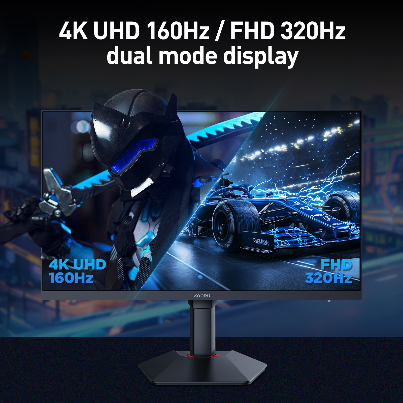 KOORUI 27 inch Gaming Monitor,One-Click Dual-Mode 4K UHD 160Hz / FHD 320Hz, 1ms, 95% DCI-P3/100% sRGB, HDR400, Adaptive Sync, HDMI 2.1/DP 1.4(Cable Include), VESA 75×75, Height Adjustable - Black