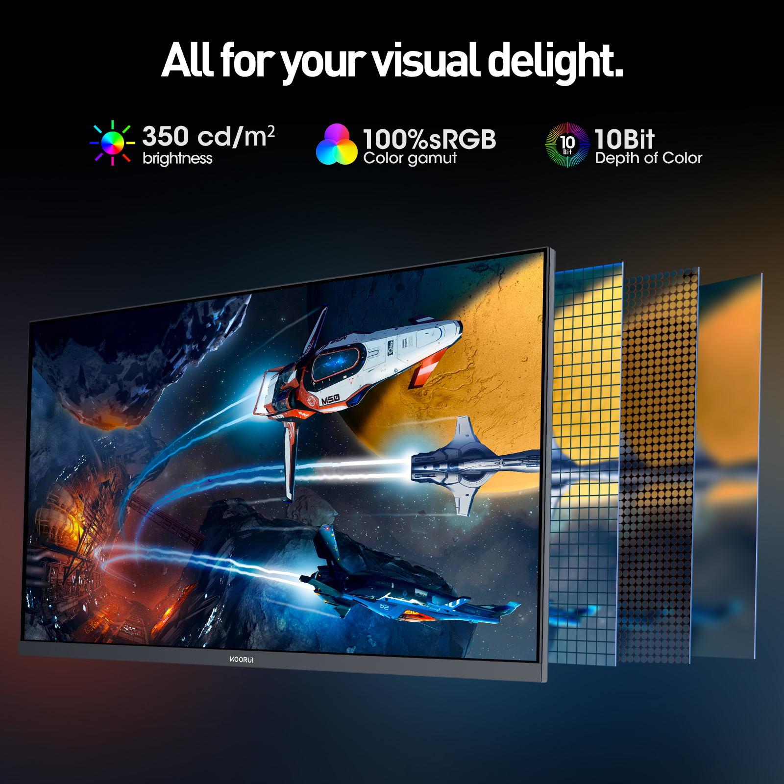 KOORUI 27 inch Gaming Monitor,One-Click Dual-Mode 4K UHD 160Hz / FHD 320Hz, 1ms, 95% DCI-P3/100% sRGB, HDR400, Adaptive Sync, HDMI 2.1/DP 1.4(Cable Include), VESA 75×75, Height Adjustable - Black