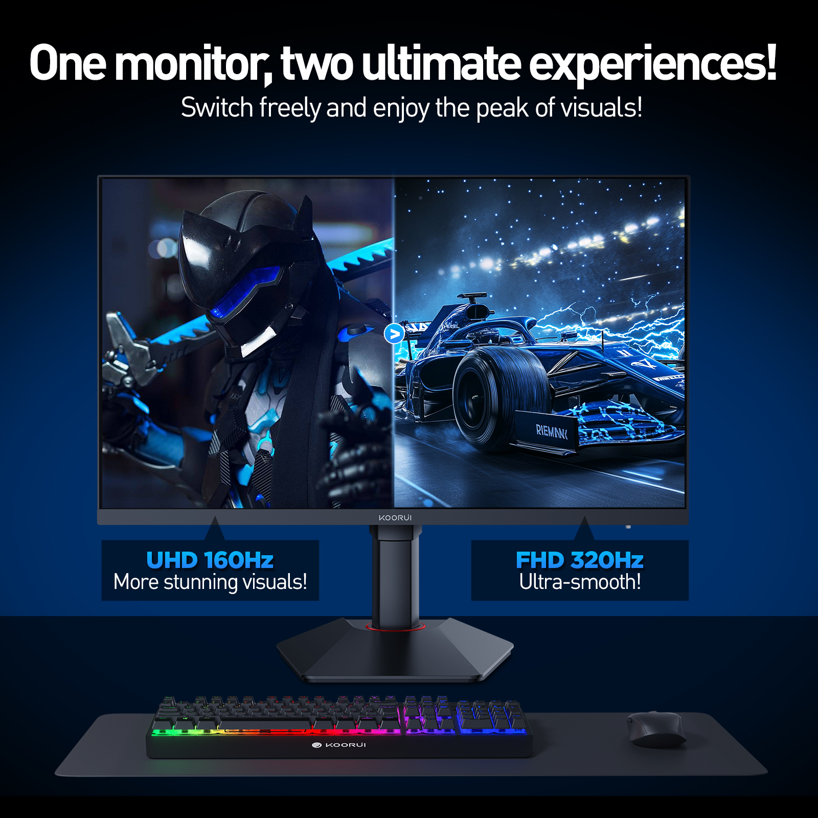 KOORUI 27 inch Gaming Monitor,One-Click Dual-Mode 4K UHD 160Hz / FHD 320Hz, 1ms, 95% DCI-P3/100% sRGB, HDR400, Adaptive Sync, HDMI 2.1/DP 1.4(Cable Include), VESA 75×75, Height Adjustable - Black