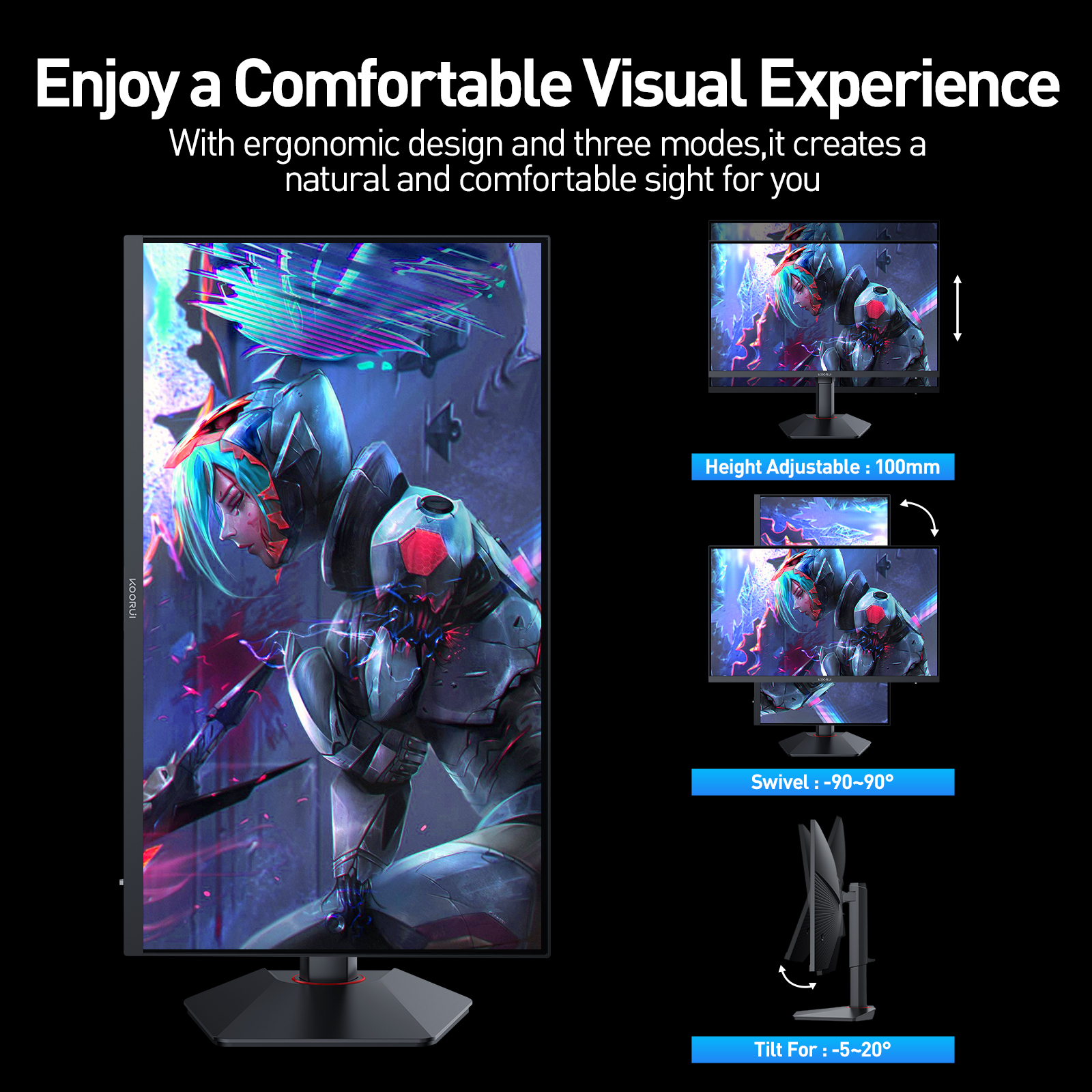 KOORUI 27 inch Gaming Monitor,One-Click Dual-Mode 4K UHD 160Hz / FHD 320Hz, 1ms, 95% DCI-P3/100% sRGB, HDR400, Adaptive Sync, HDMI 2.1/DP 1.4(Cable Include), VESA 75×75, Height Adjustable - Black