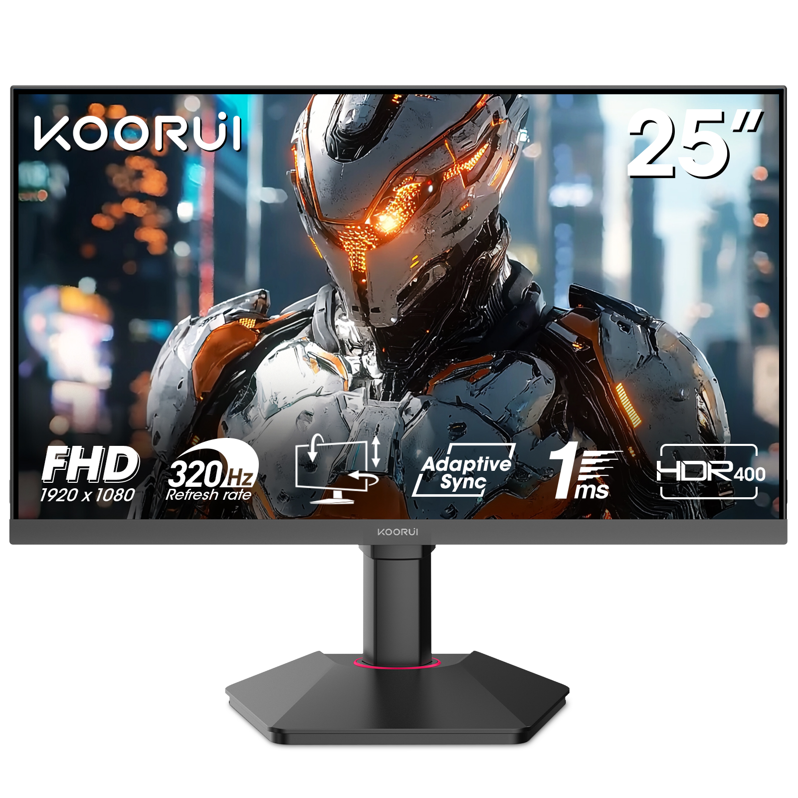 KOORUI 25 inch 320Hz Gaming Monitor,1ms GTG,FHD 1080P 95% DCI-P3, HDR400, Adaptive Sync, HDMI 2.0/DP 1.4, VESA 75x75, Height Adjustable - Black