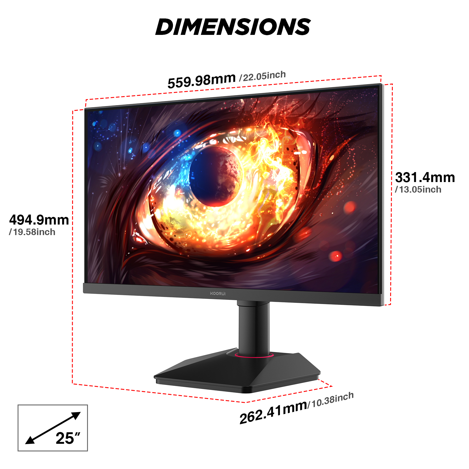 KOORUI 25 inch 320Hz Gaming Monitor,1ms GTG,FHD 1080P 95% DCI-P3, HDR400, Adaptive Sync, HDMI 2.0/DP 1.4, VESA 75x75, Height Adjustable - Black