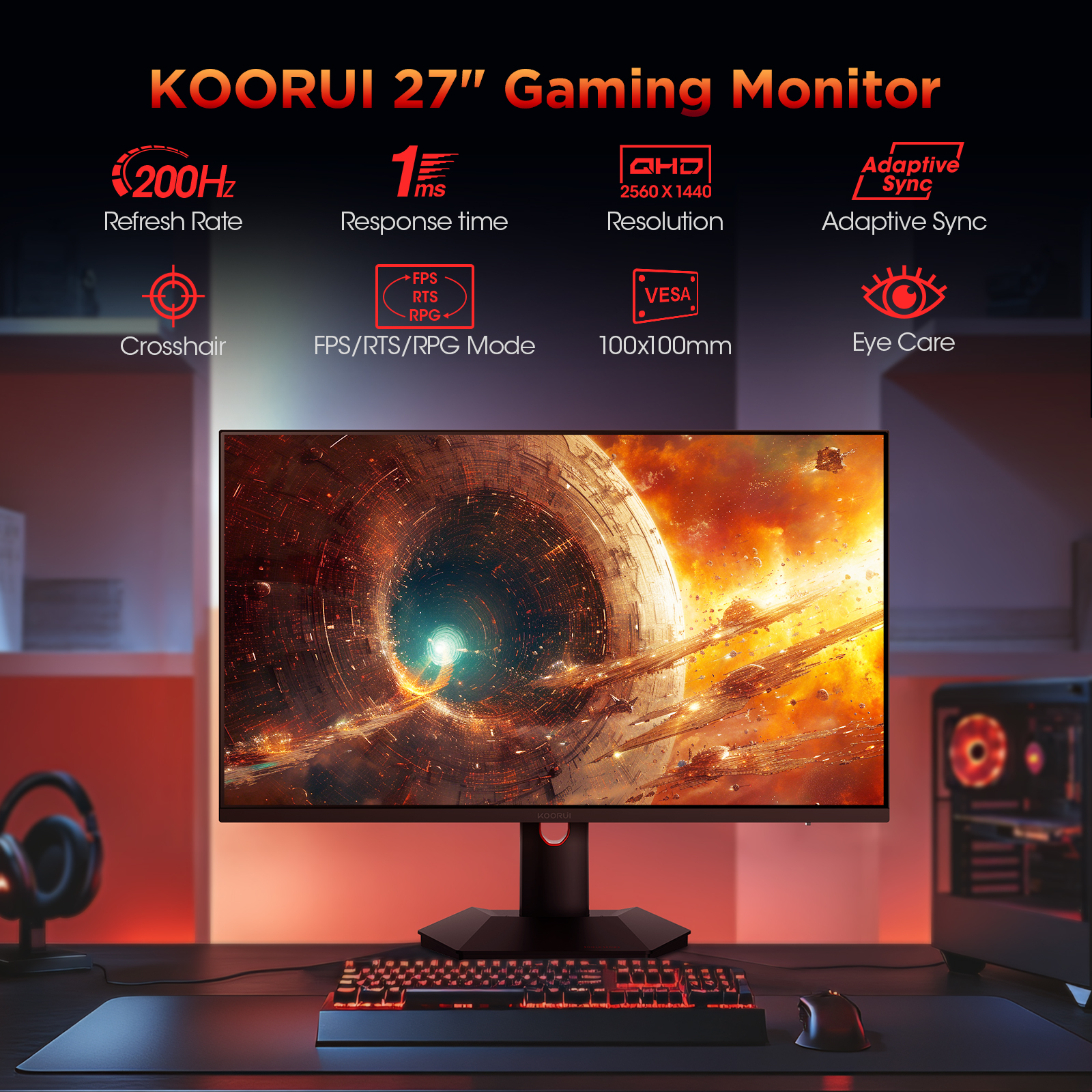 KOORUI 27" 2K QD-MiniLED Gaming Monitor - 200Hz 1ms, 97% DCI-P3, HDR1000, 300,000:1 Contrast, Adaptive Sync, HDMI 2.0/DP1.4 (Cables Included), VESA 100x100, Height Adjustable - Black