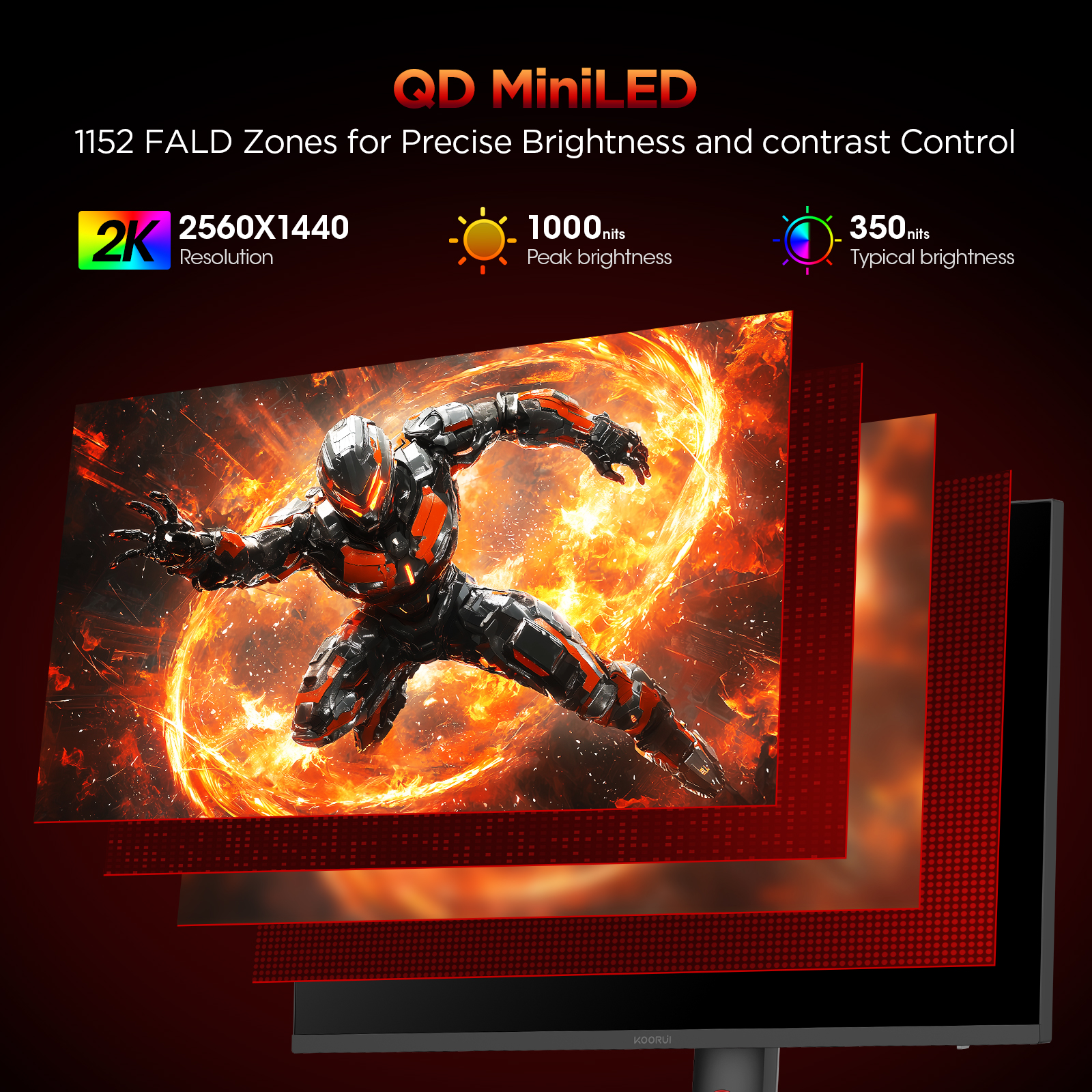 KOORUI 27" 2K QD-MiniLED Gaming Monitor - 200Hz 1ms, 97% DCI-P3, HDR1000, 300,000:1 Contrast, Adaptive Sync, HDMI 2.0/DP1.4 (Cables Included), VESA 100x100, Height Adjustable - Black