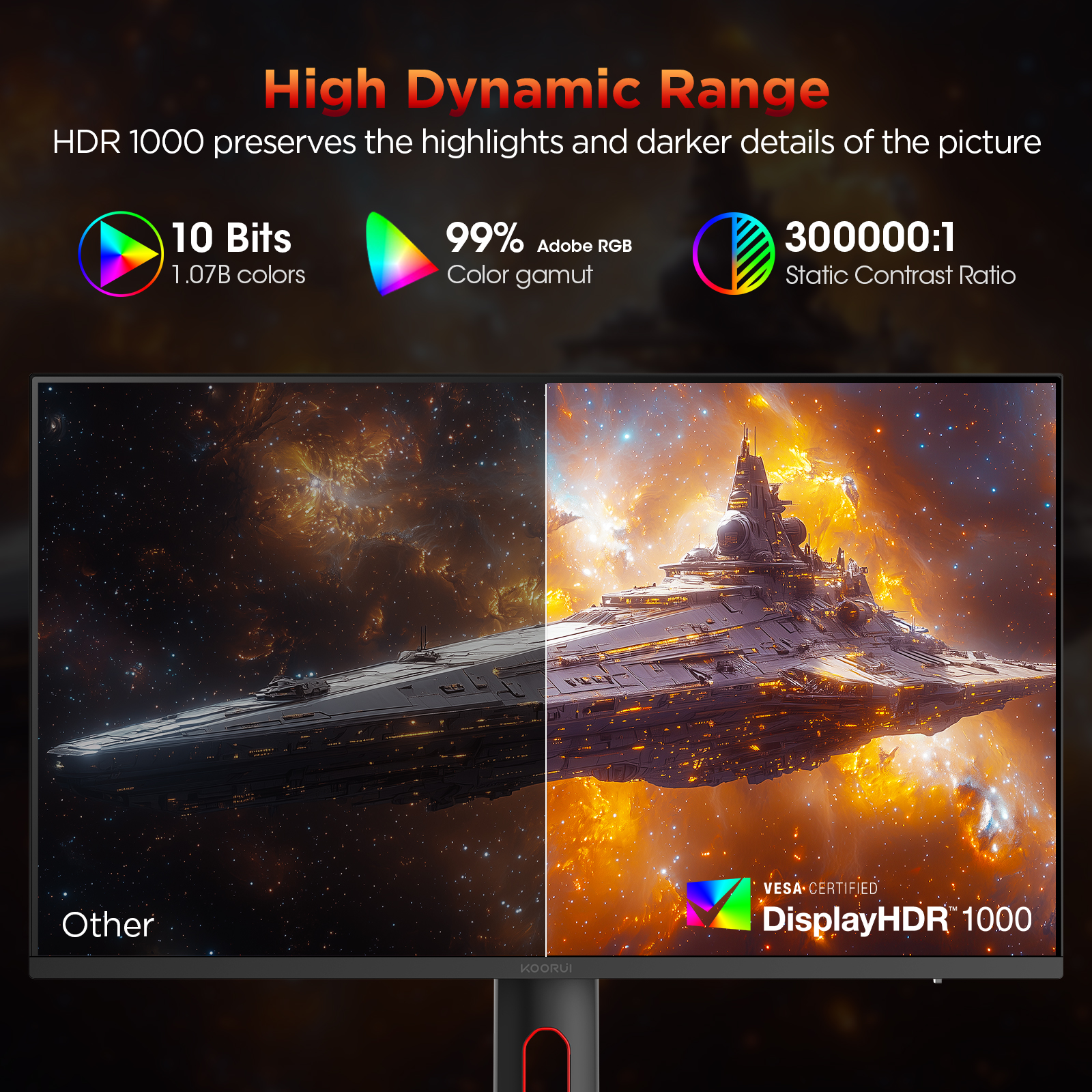 KOORUI 27" 2K QD-MiniLED Gaming Monitor - 200Hz 1ms, 97% DCI-P3, HDR1000, 300,000:1 Contrast, Adaptive Sync, HDMI 2.0/DP1.4 (Cables Included), VESA 100x100, Height Adjustable - Black