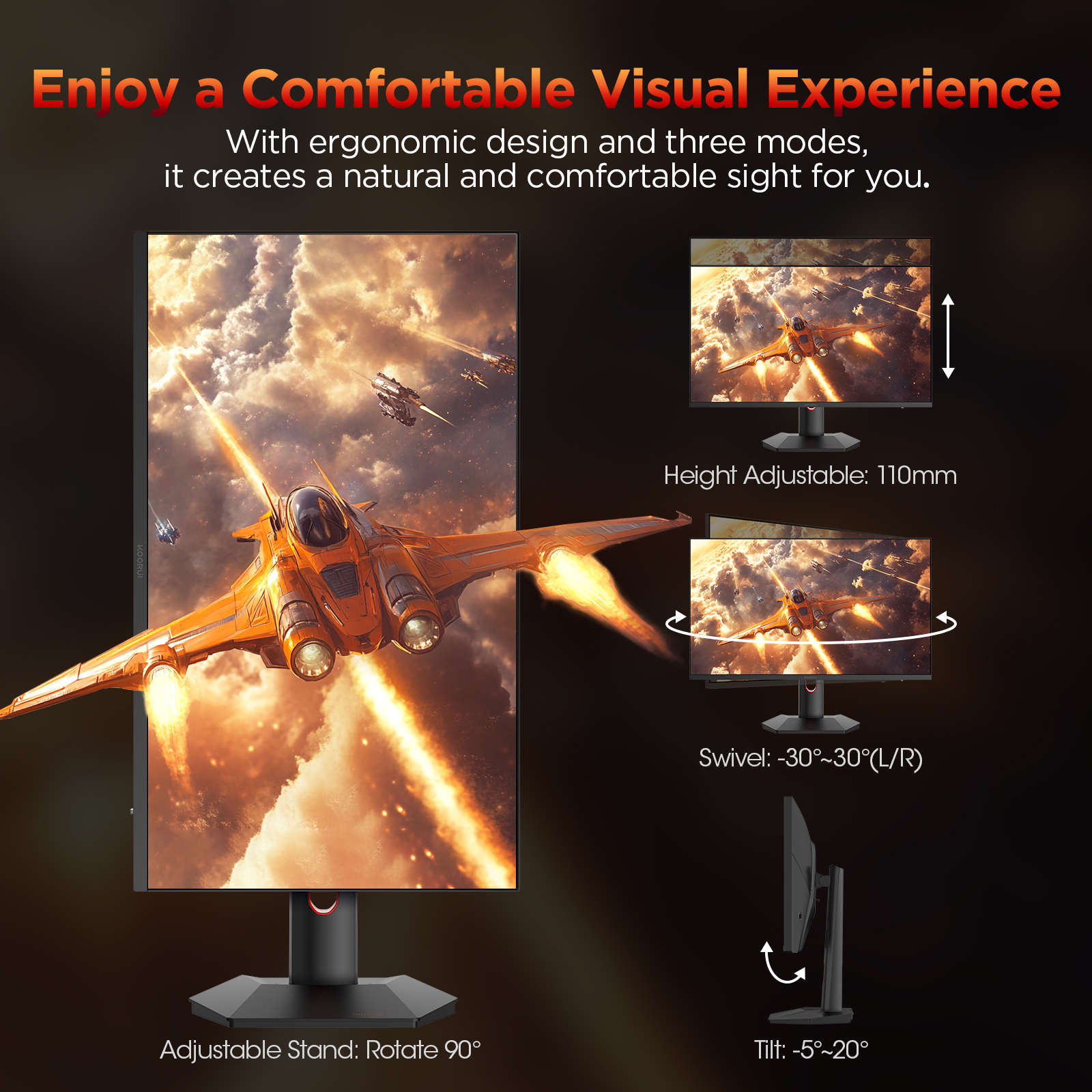 KOORUI 27" 2K QD-MiniLED Gaming Monitor - 200Hz 1ms, 97% DCI-P3, HDR1000, 300,000:1 Contrast, Adaptive Sync, HDMI 2.0/DP1.4 (Cables Included), VESA 100x100, Height Adjustable - Black