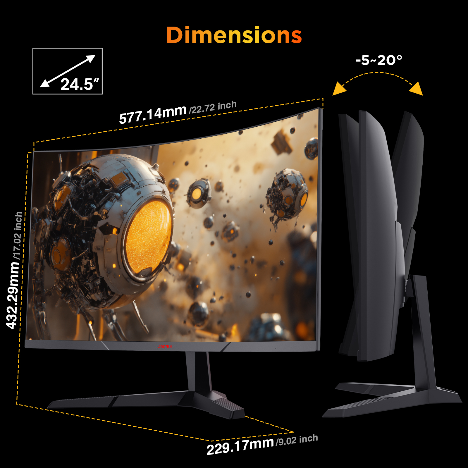 KOORUI 25 inch 240Hz 1500R Curved Gaming Monitor,1ms GTG,FHD 1080P,90% DCI-P3, 3000:1 Contrast, HDR10, Adaptive Sync, HDMI 2.0/DP 1.4(Cable Include), VESA 75x75 - Black
