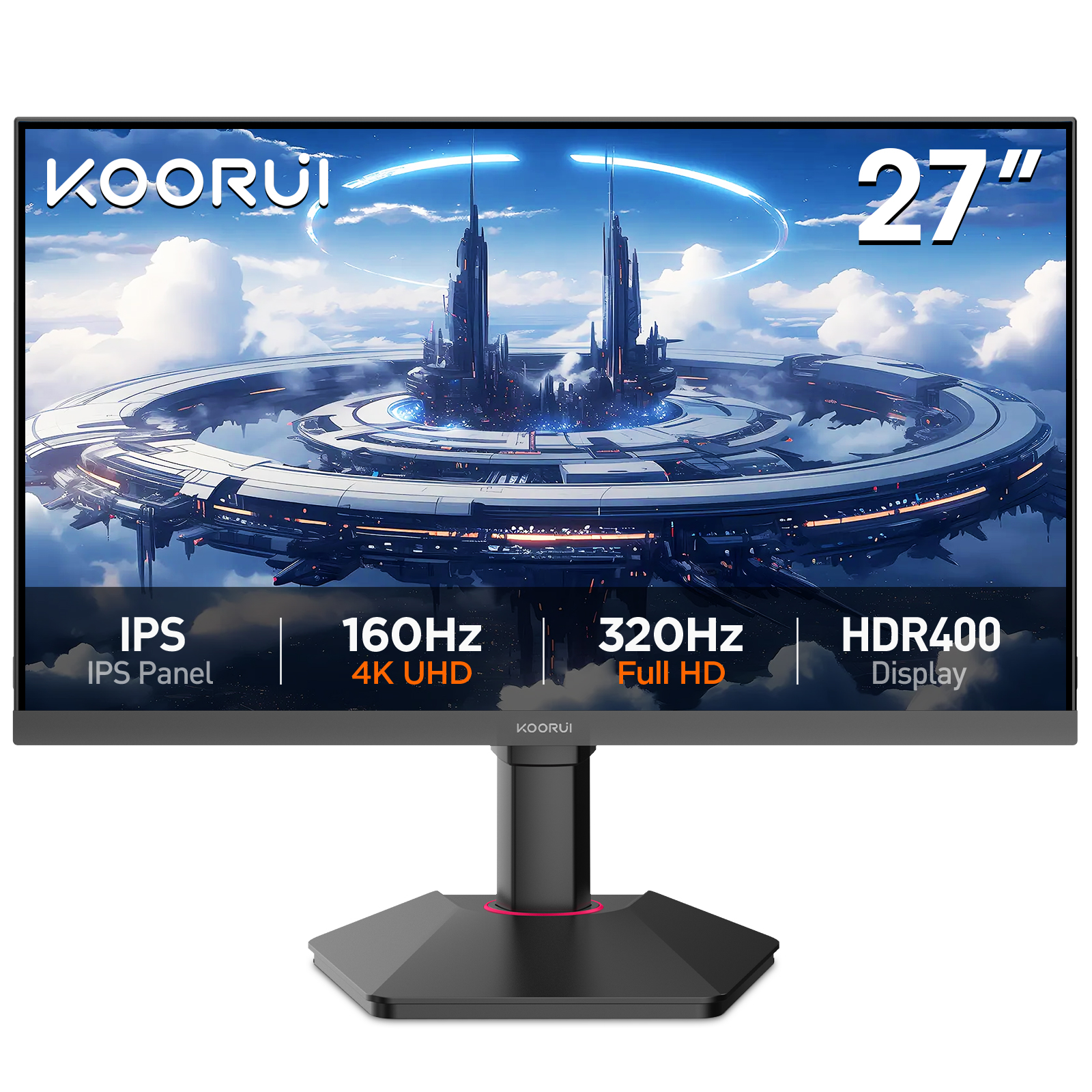 KOORUI 27 inch Gaming Monitor,One-Click Dual-Mode 4K UHD 160Hz / FHD 320Hz, 1ms, 95% DCI-P3/100% sRGB, HDR400, Adaptive Sync, HDMI 2.1/DP 1.4(Cable Include), VESA 75×75, Height Adjustable - Black