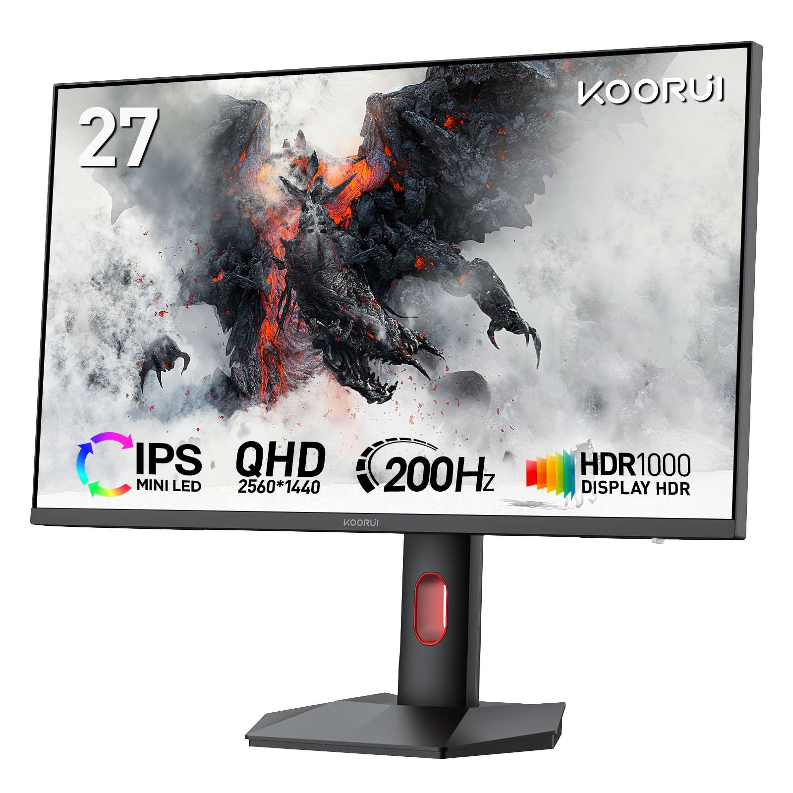 KOORUI 27" 2K QD-MiniLED Gaming Monitor - 200Hz 1ms, 97% DCI-P3, HDR1000, 300,000:1 Contrast, Adaptive Sync, HDMI 2.0/DP1.4 (Cables Included), VESA 100x100, Height Adjustable - Black