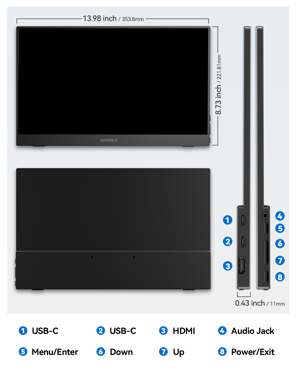 KOORUI Portable Monitor for Laptop, 15.6'' 1080P FHD Laptop Monitor IPS Display with USB Type C Port HDMI, Computer Screen, Dual Speakers, Eye Care, Laptop Extended Monitor for PC Phone Mac Xbox PS4/5 Switch (E1511A)