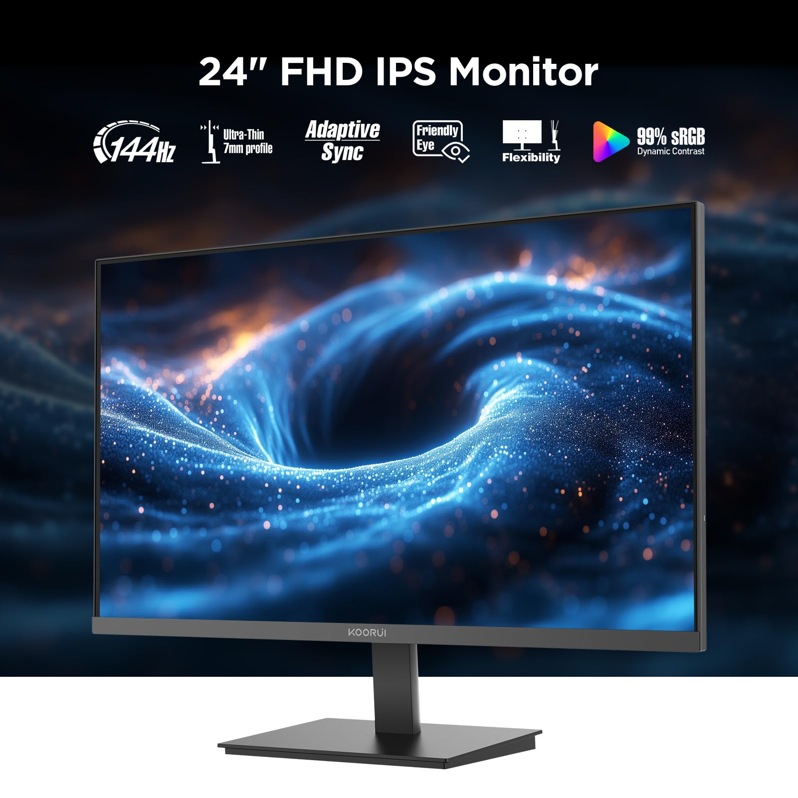 KOORUI 24 inch Computer Monitor, 144Hz IPS FHD (1920 x 1080) 99% sRGB 1000:1,Adaptive Sync,PC Desktop Monitors for Computer,HDMI/VGA Ports,100 x 100 mm VESA Mountable,Eyecare,Black