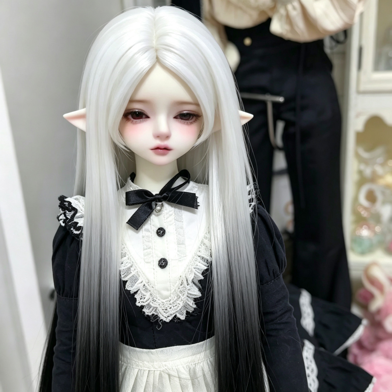 6分BJDドール用 ツートンカラーウィッグ ホワイト×ブルーグラデーション