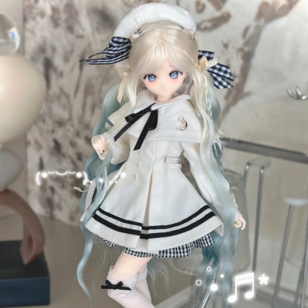 6分BJDドール用 ツートンカラーウィッグ ホワイト×ブルーグラデーション