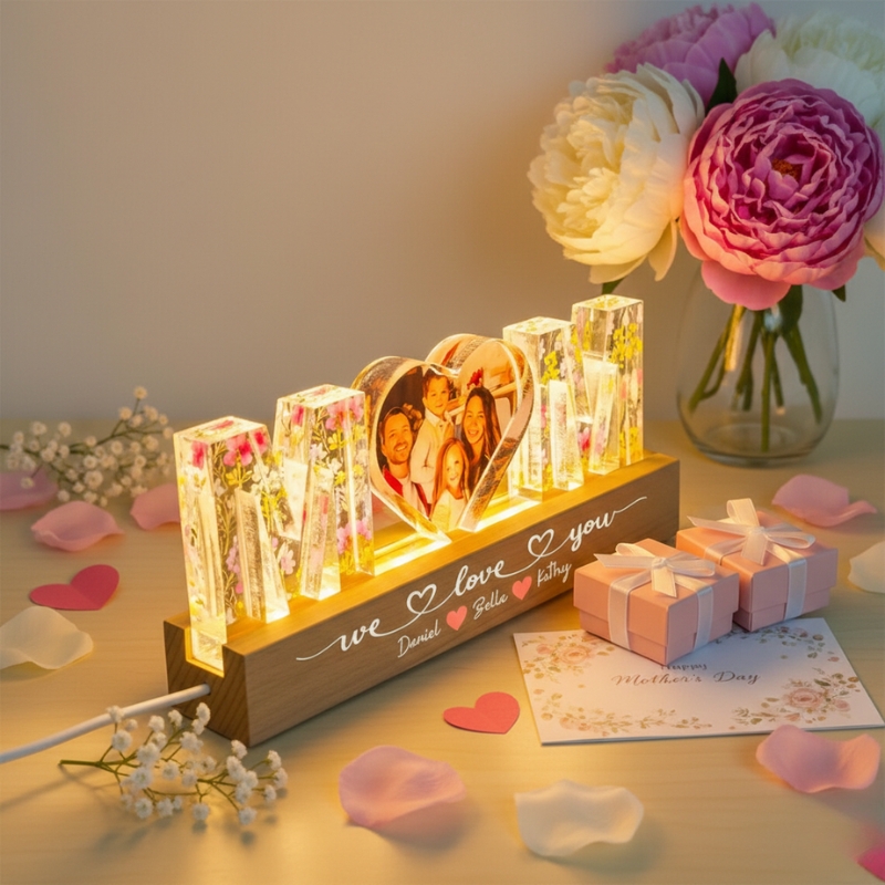 Personalised Mum Photo LED Night Light with Kids Names Acrylic Block Custom Mum Heart Photo Night Light Mother's Day Gift