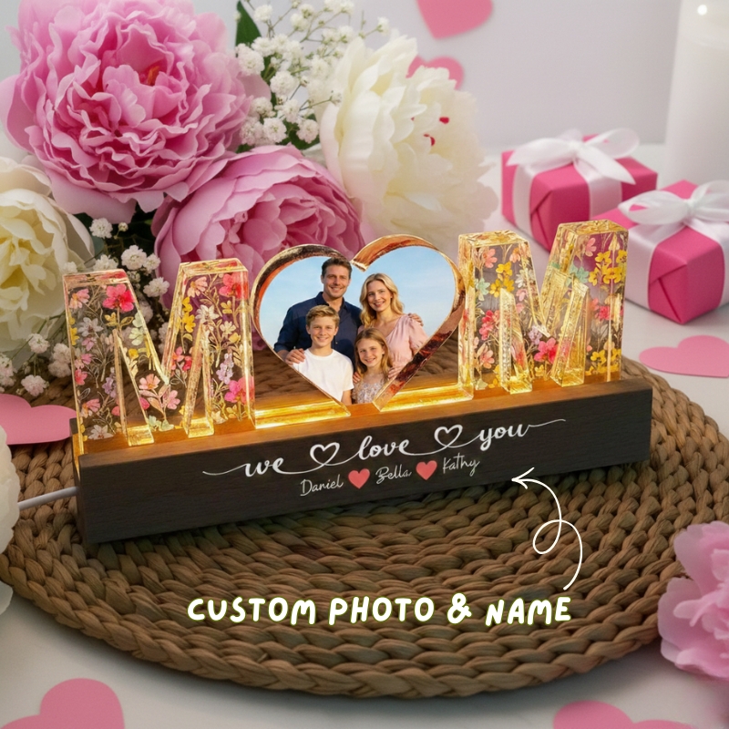 Personalised Mum Photo LED Night Light with Kids Names Acrylic Block Custom Mum Heart Photo Night Light Mother's Day Gift