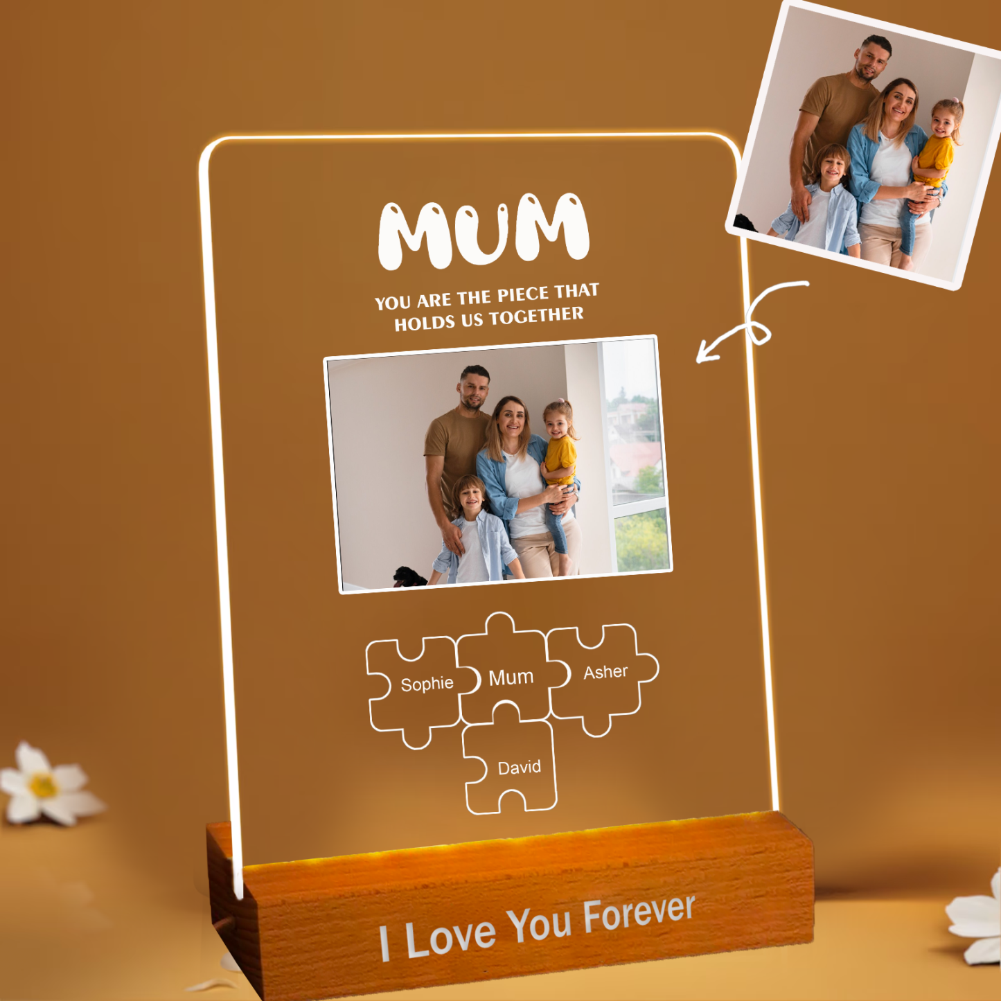 Personalised Photo and Name Sign Family Puzzle Night Light Mum You are the Piece that Holds Us Together