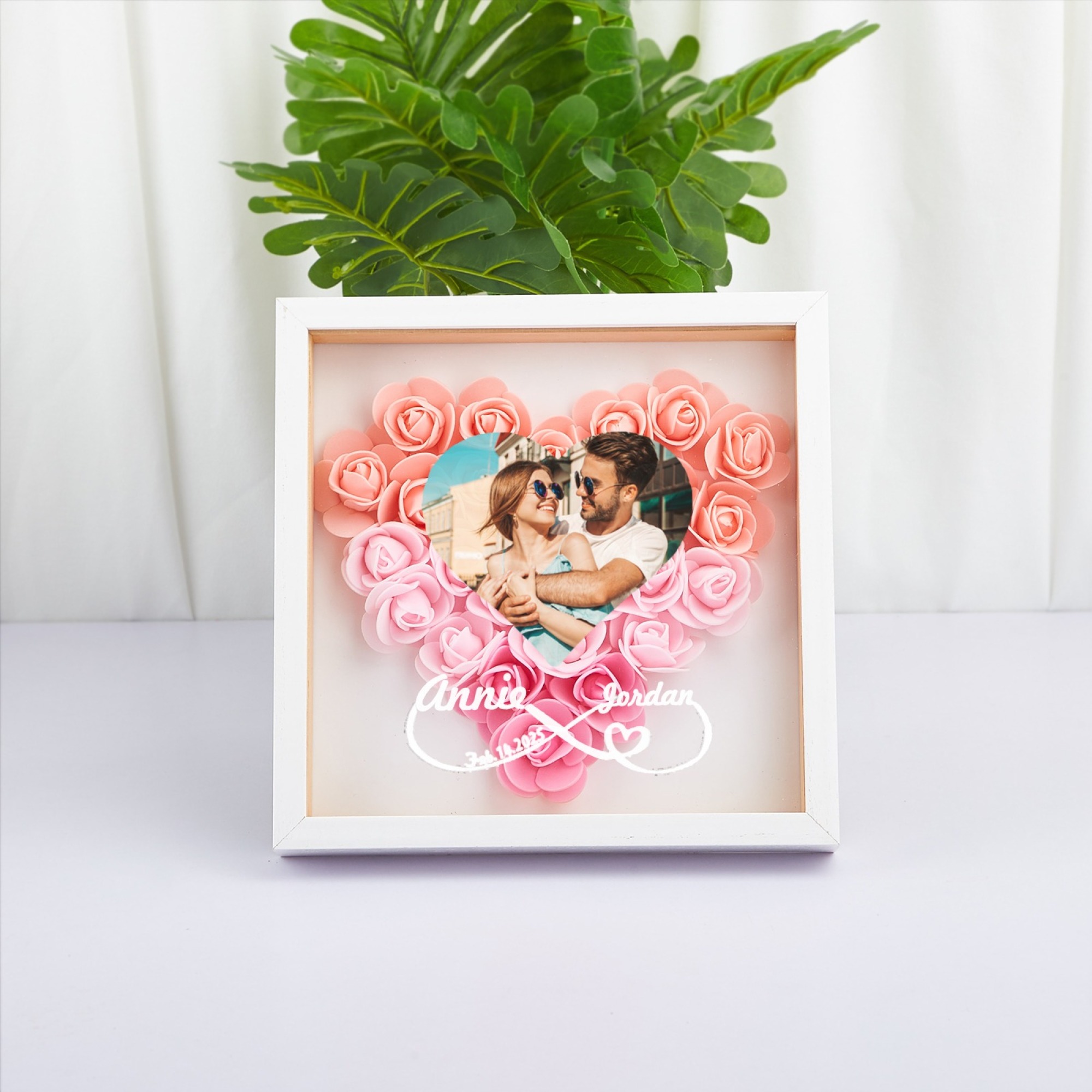 Custom Flower Shadowbox with Photo and Names Heart-Shaped Rose Frame Shadow Box Forever Love Gift