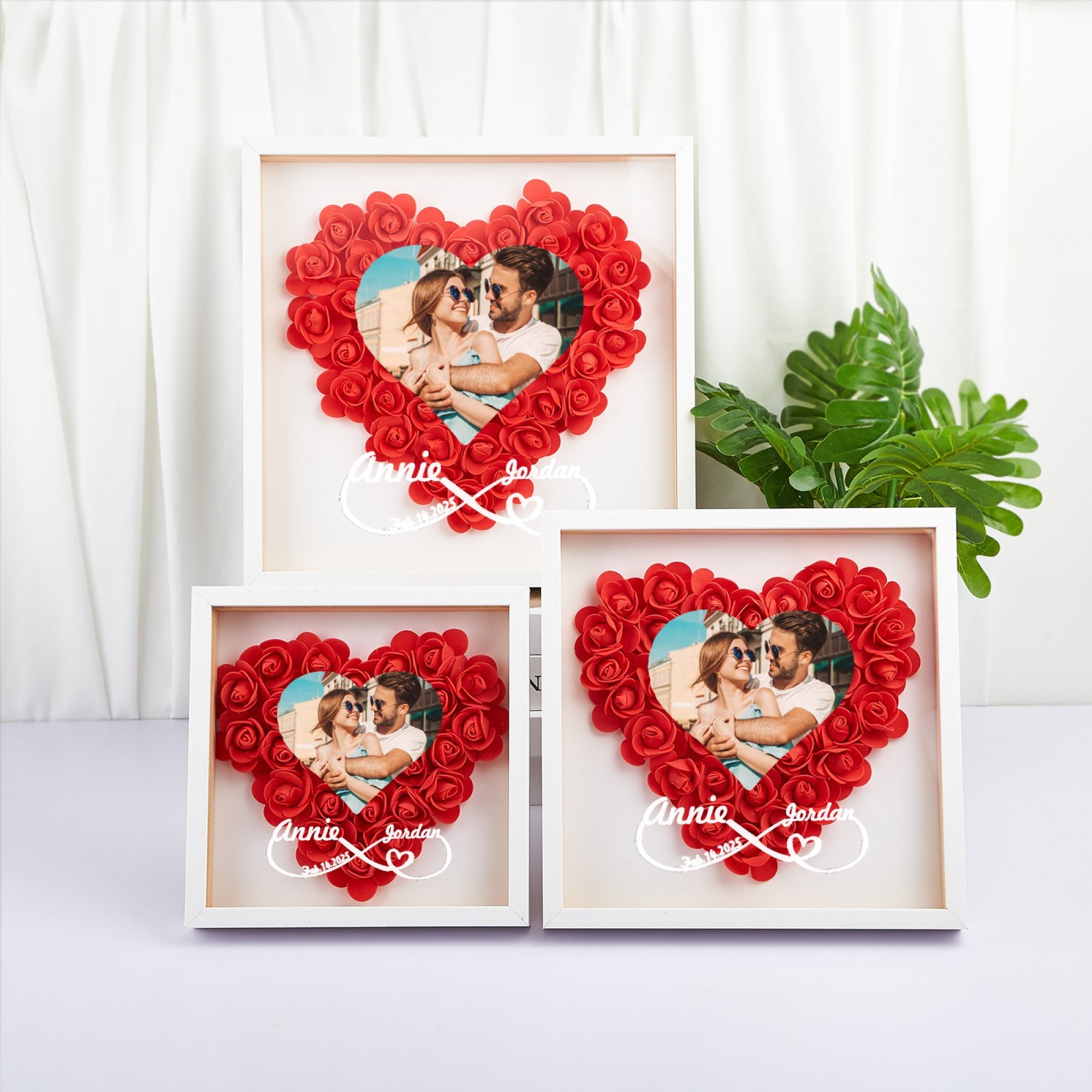 Custom Flower Shadowbox with Photo and Names Heart-Shaped Rose Frame Shadow Box Forever Love Gift