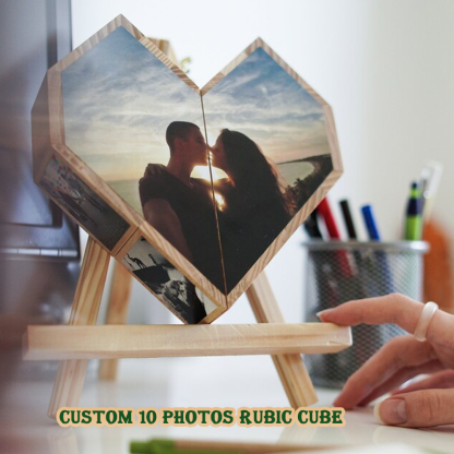 Custom Photo Rubic Cube Heart-Shaped Multi Photo Wooden Cube Personalised Folding 10 Photos Frame Keepsake Gift for Anniversary or Loved One