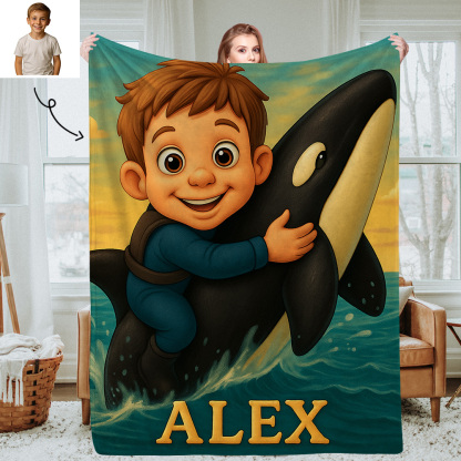 Personalised Kids Photo Blanket with Custom Cartoon Picture and Name Cozy Throw for Bedroom or Living Room
