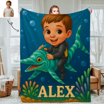 Personalised Kids Photo Blanket with Custom Cartoon Picture and Name Cozy Throw for Bedroom or Living Room