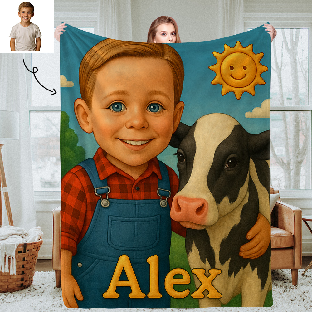 Personalised Kids Photo Blanket with Custom Cartoon Picture and Name Cozy Throw for Bedroom or Living Room