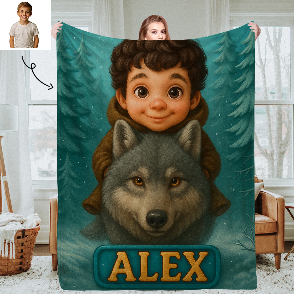 Personalised Kids Photo Blanket with Custom Cartoon Picture and Name Cozy Throw for Bedroom or Living Room
