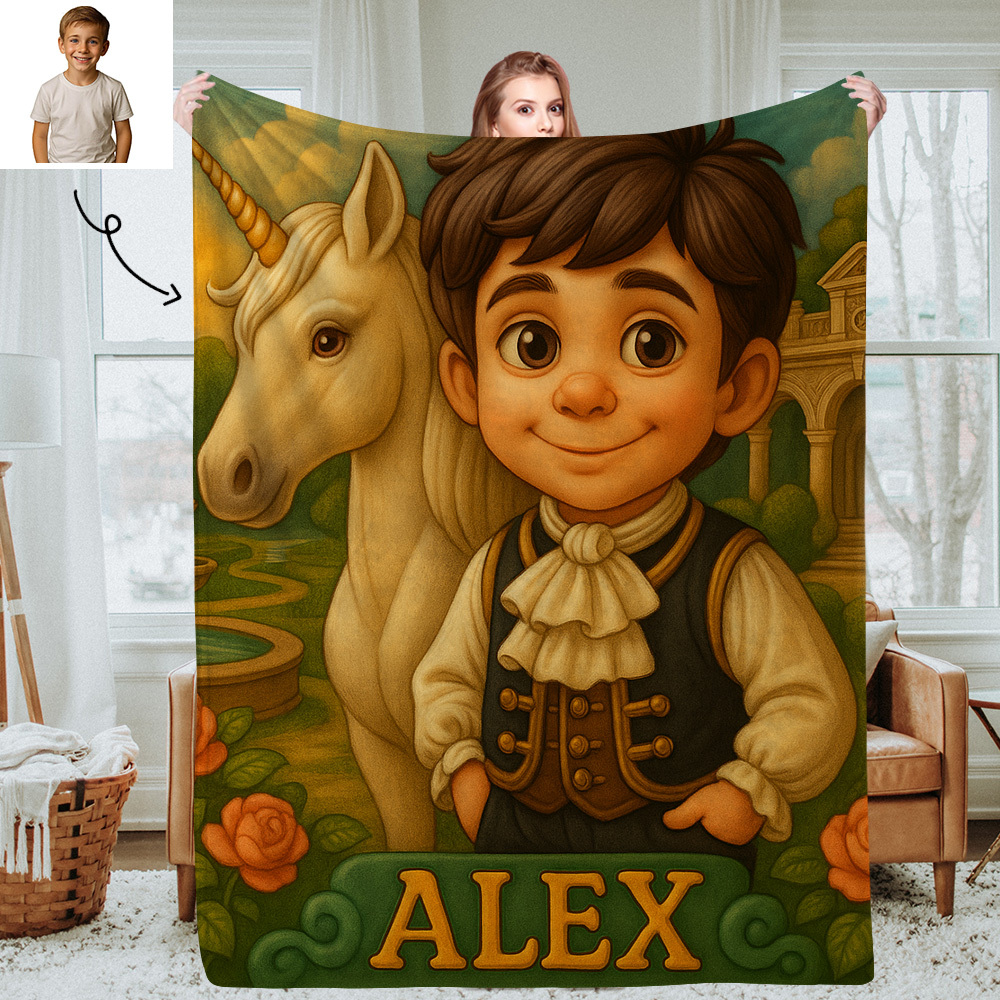 Personalised Kids Photo Blanket with Custom Cartoon Picture and Name Cozy Throw for Bedroom or Living Room