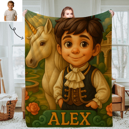 Personalised Kids Photo Blanket with Custom Cartoon Picture and Name Cozy Throw for Bedroom or Living Room