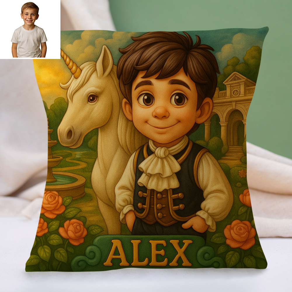 Custom Cartoon Portrait Pillow with Child Photo and Name Personalised Cushion for Nursery or Kids Bedroom Decor