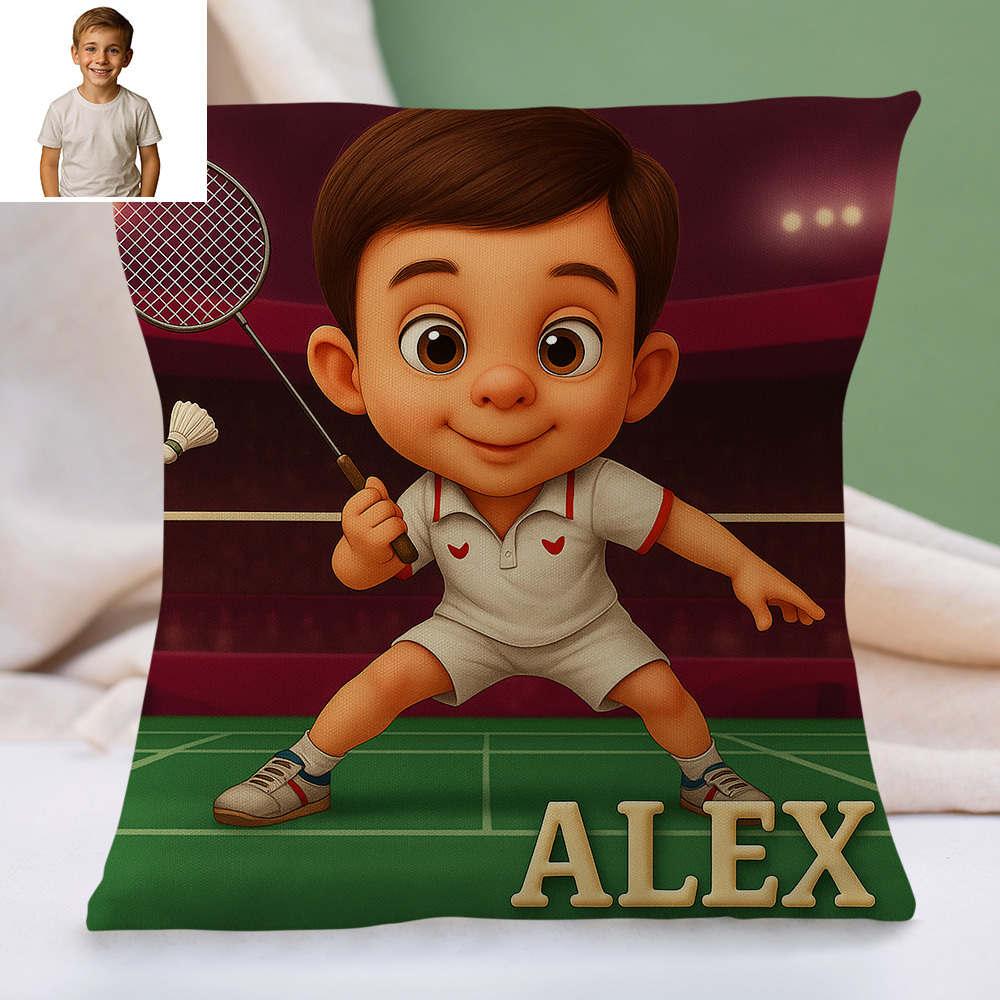Custom Sports Theme Cartoon Pillow with Child Name and Photo Personalised Cushion for Kids Bed or Play Area