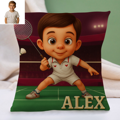 Custom Sports Theme Cartoon Pillow with Child Name and Photo Personalised Cushion for Kids Bed or Play Area
