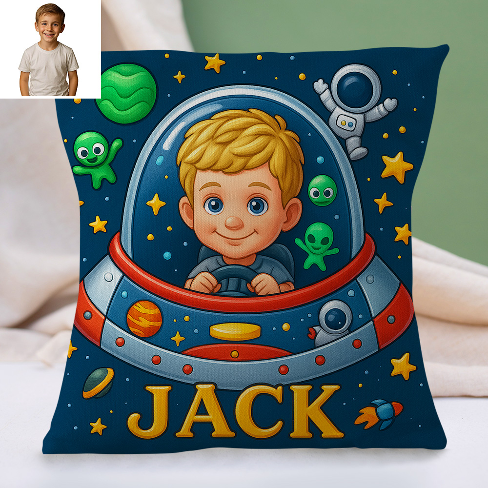 Personalised Sci Fi Cartoon Pillow with Child Name and Photo Galaxy Theme Cushion for Kids Playroom or Bed