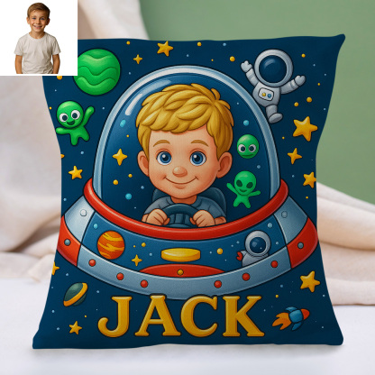 Personalised Sci Fi Cartoon Pillow with Child Name and Photo Galaxy Theme Cushion for Kids Playroom or Bed