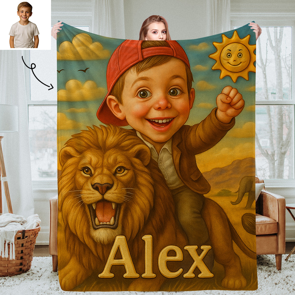 Personalised Kids Photo Blanket with Custom Cartoon Picture and Name Cozy Throw for Bedroom or Living Room