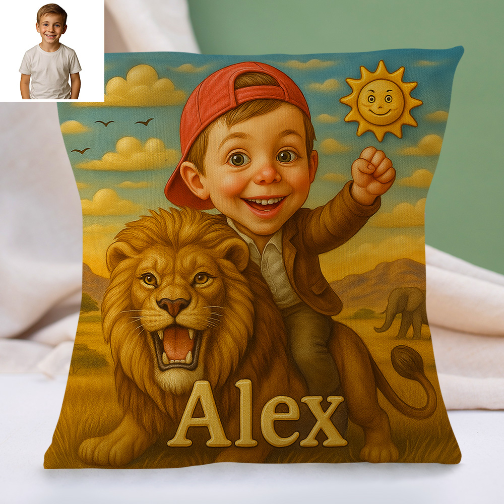 Custom Cartoon Portrait Pillow with Child Photo and Name Personalised Cushion for Nursery or Kids Bedroom Decor