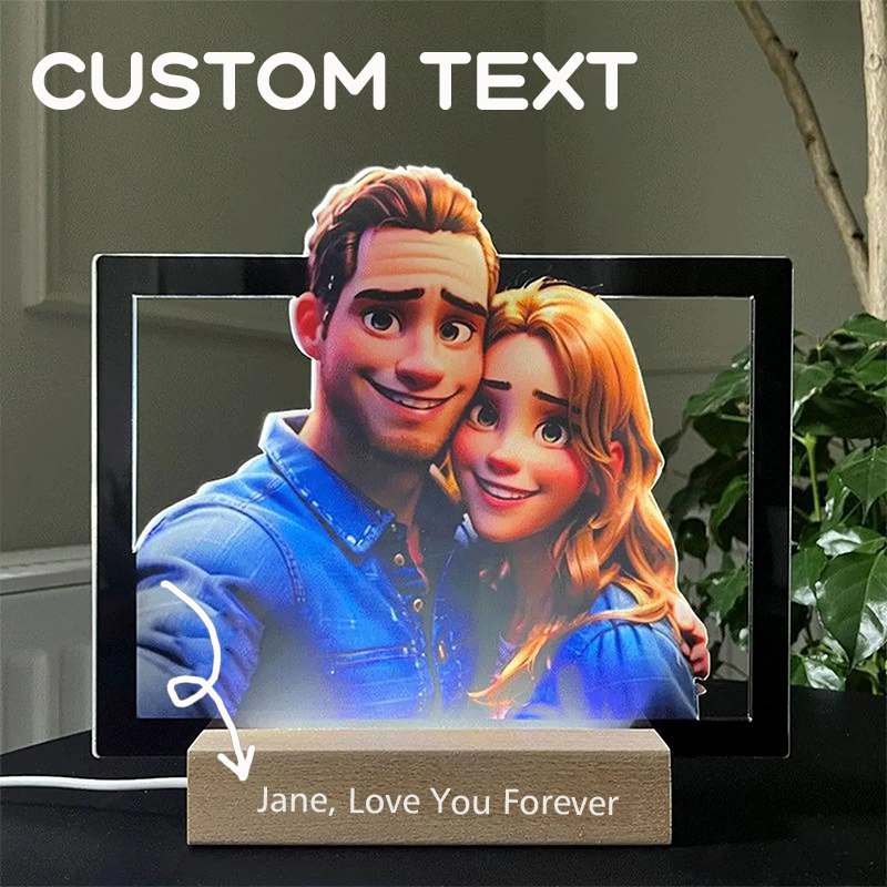 Personalised Cartoon Style 3D Photo and Text Frame Night Light Pixar Inspired Portraits