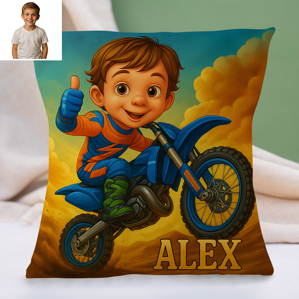 Custom Sports Theme Cartoon Pillow with Child Name and Photo Personalised Cushion for Kids Bed or Play Area