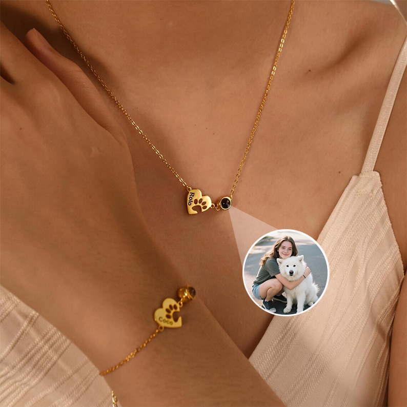 Personalised Paw Name Projection Necklace with Heart Custom Projection Photo Necklace Pet Memorial Gift