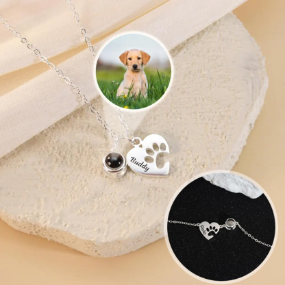 Personalised Paw Name Projection Necklace with Heart Custom Projection Photo Necklace Pet Memorial Gift