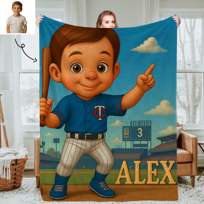 Personalised Sports Kids Blanket with Custom Cartoon Photo and Name Soft Throw for Nap Time or Bedroom