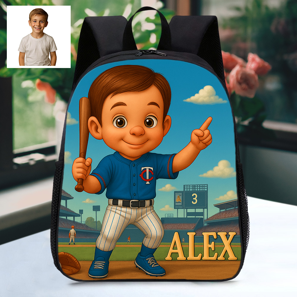 Custom Photo Cartoon Kids Backpack with Personalised Name Durable School Bag for Kids Love Sports