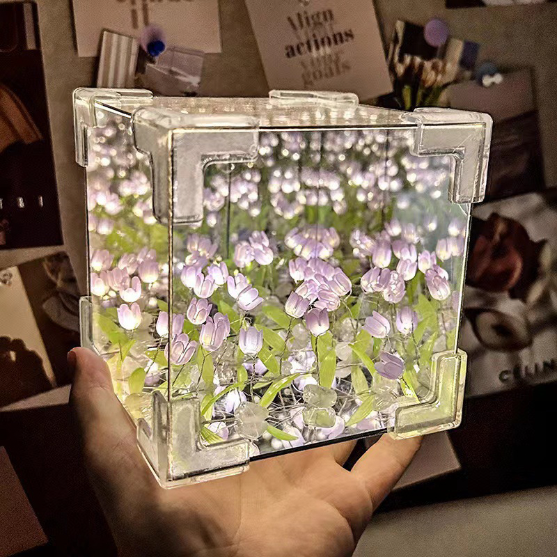 Custom Photo Tulip Flower Mirror LED Night Light Cube Light Box with Your Picture and Text