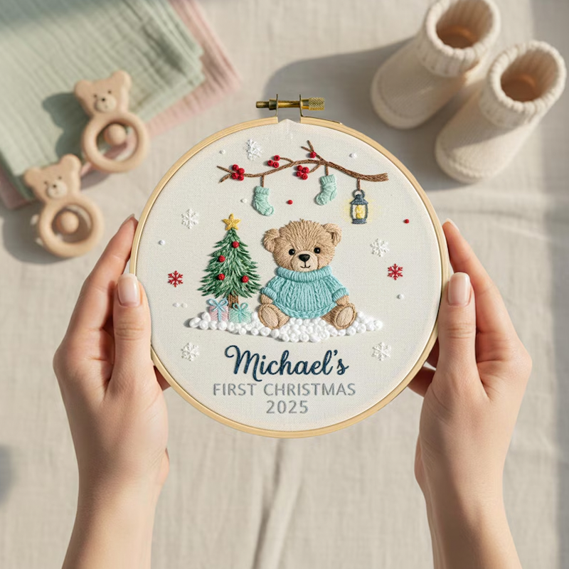 Personalised Embroidered Name Baby's First Christmas Ornament Custom Embroidery Hoop Baby 1st Christmas Baubles Keepsake New Baby Ornament