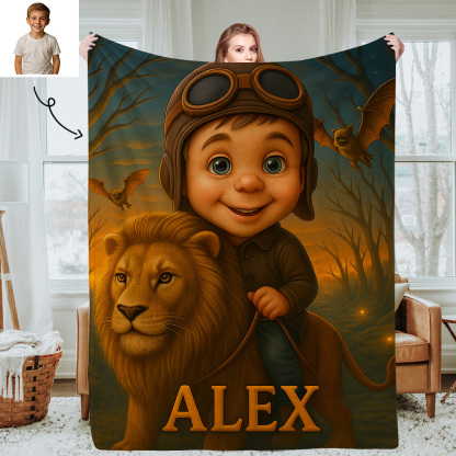 Personalised Kids Photo Blanket with Custom Cartoon Picture and Name Cozy Throw for Bedroom or Living Room